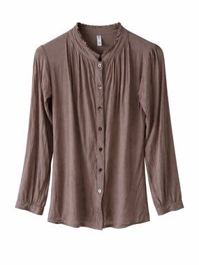 Flowy Brown Blouse Ruffle Neck Button Front Lightweight Viscose M